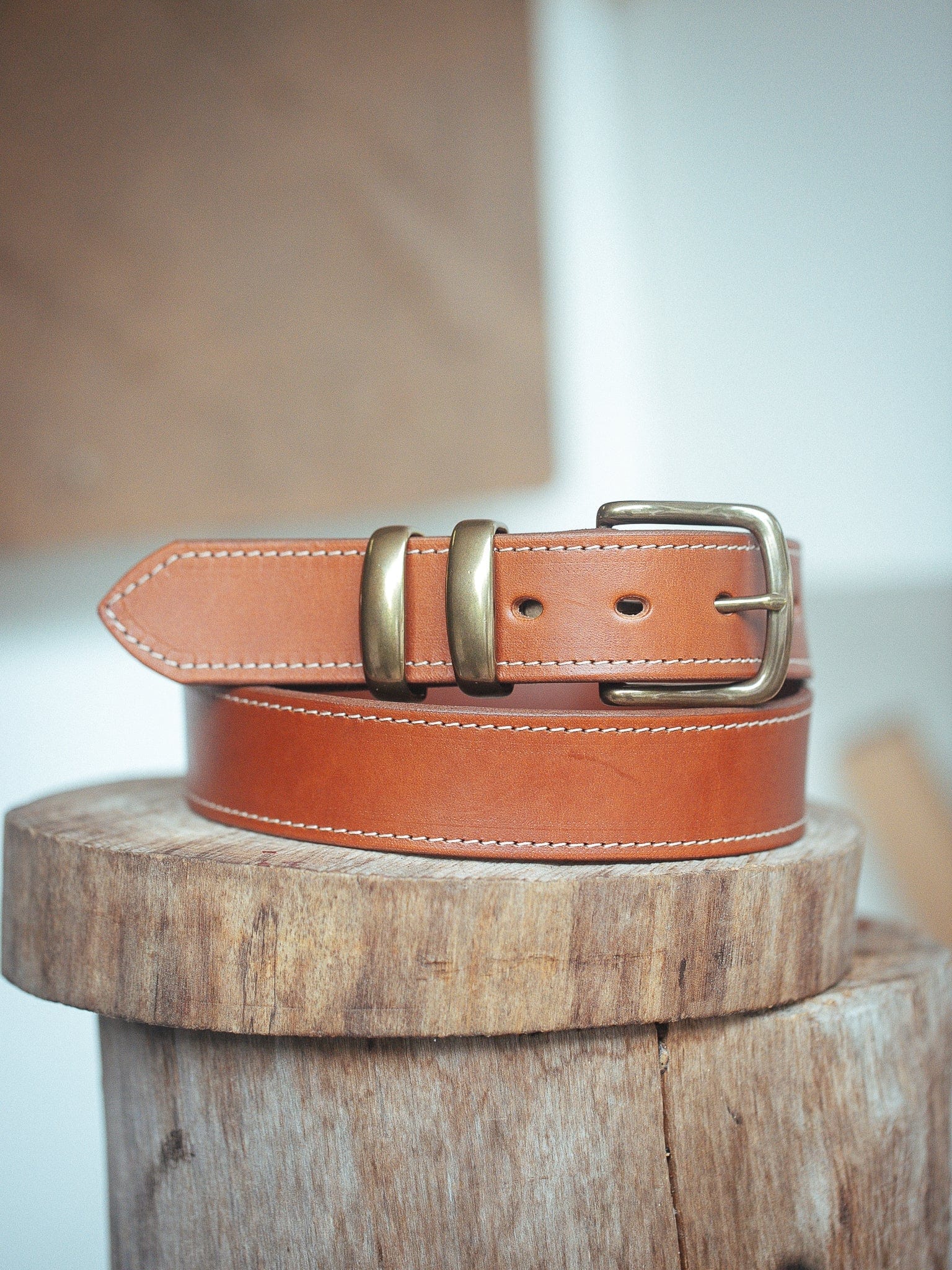 Handmade Double Stitched Leather Belt in Waxed Tan with White Stitching  (order one size larger than the waist)