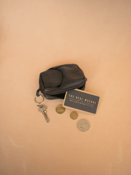 The Real McCaul Coin Purse Large / Black Key Case Card Holder Wallet - Kangaroo Australian Made Australian Owned Tri-Pocket Leather Pouch 