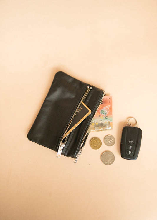 The Real McCaul Coin Purse Small / Black / Silver Paula Zip Pouch - Cowhide Australian Made Australian Owned Paula Zip Leather Pouch Purse- Made in Australia Cowhide leather