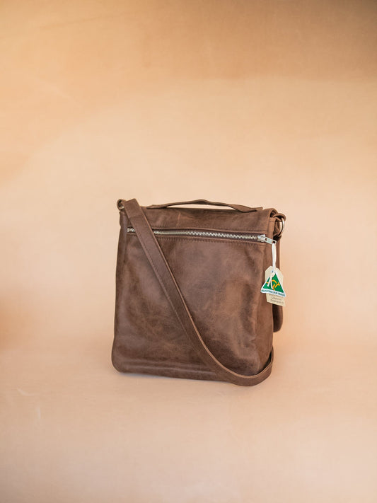 The Real McCaul Shoulder Bags Universal Satchel Bag - Medium Vertical - Cowhide - Marble Brown Australian Made Australian Owned Leather Satchel Bag- Australian Made in Kangaroo and Cowhide Leather