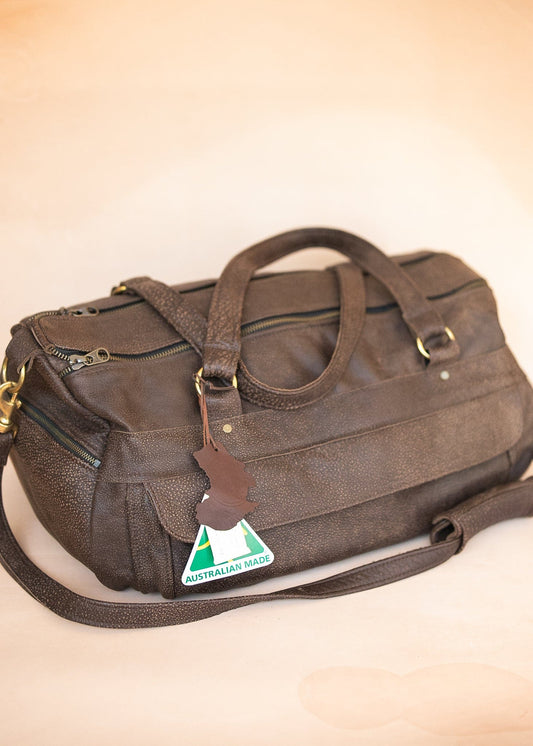 The Real McCaul Travel Bag Classic Overnight Travel Bag - Cowhide - Mottle Brown Australian Made Australian Owned Large Overnight Travel Duffel Bag Leather Made in Australia