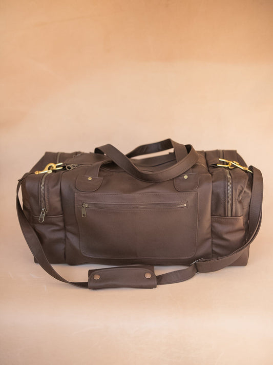 The Real McCaul Travel Bag Dark Brown / Brass / Standard Square Overnight Traveller Bag - Kangaroo Australian Made Australian Owned Leather Overnight Travel Bag Duffle Made In Australia Handcrafted